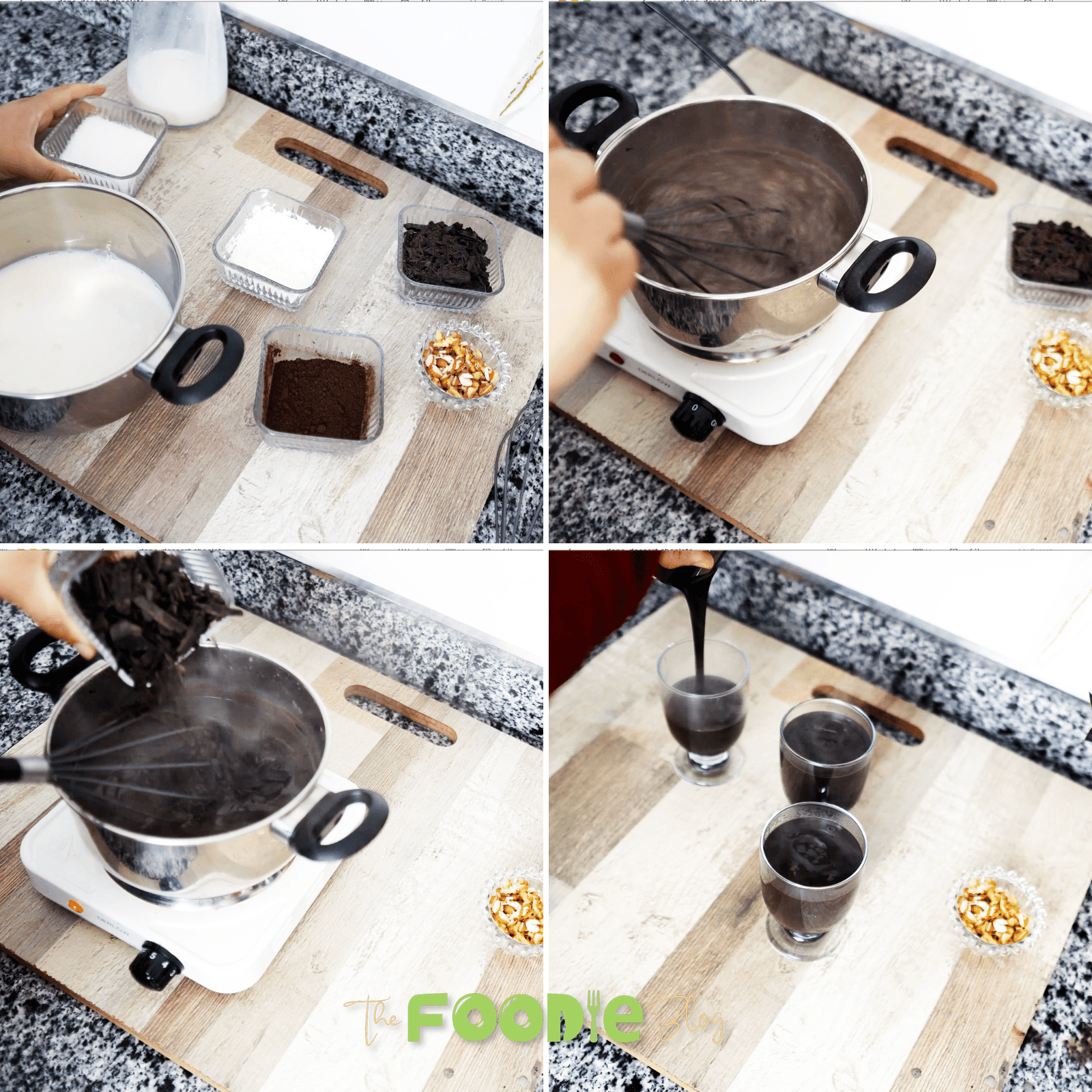 Chocolate pudding mixture being whisked in a saucepan on a portable burner.