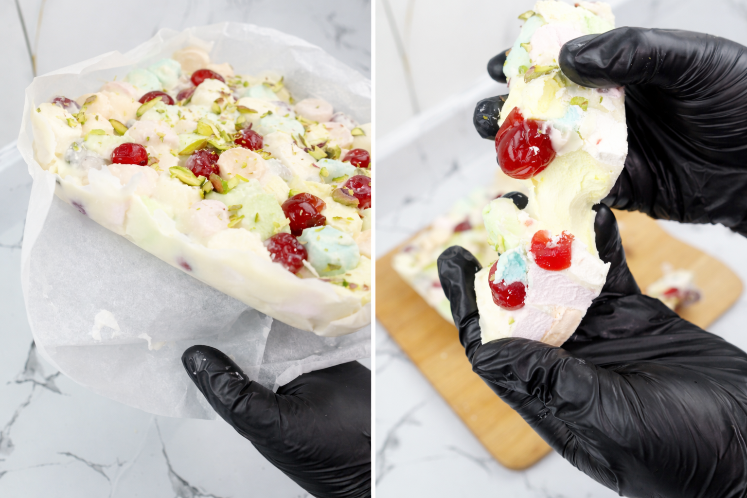 White Christmas rocky road slice with marshmallows, glacé cherries, and pistachios on parchment paper
