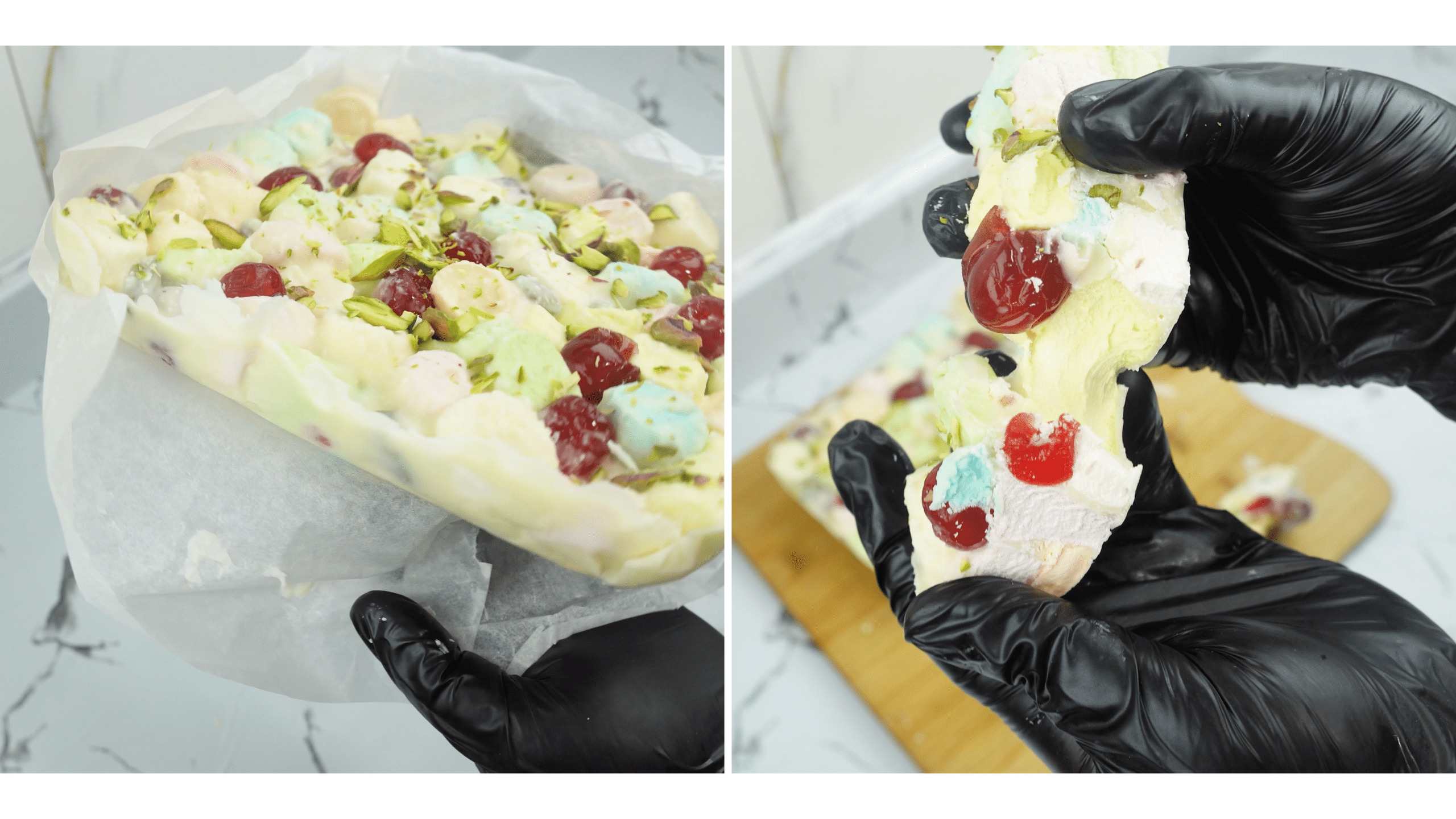 hands holding a piece of white rocky road with marshmallows cherries and pistachios