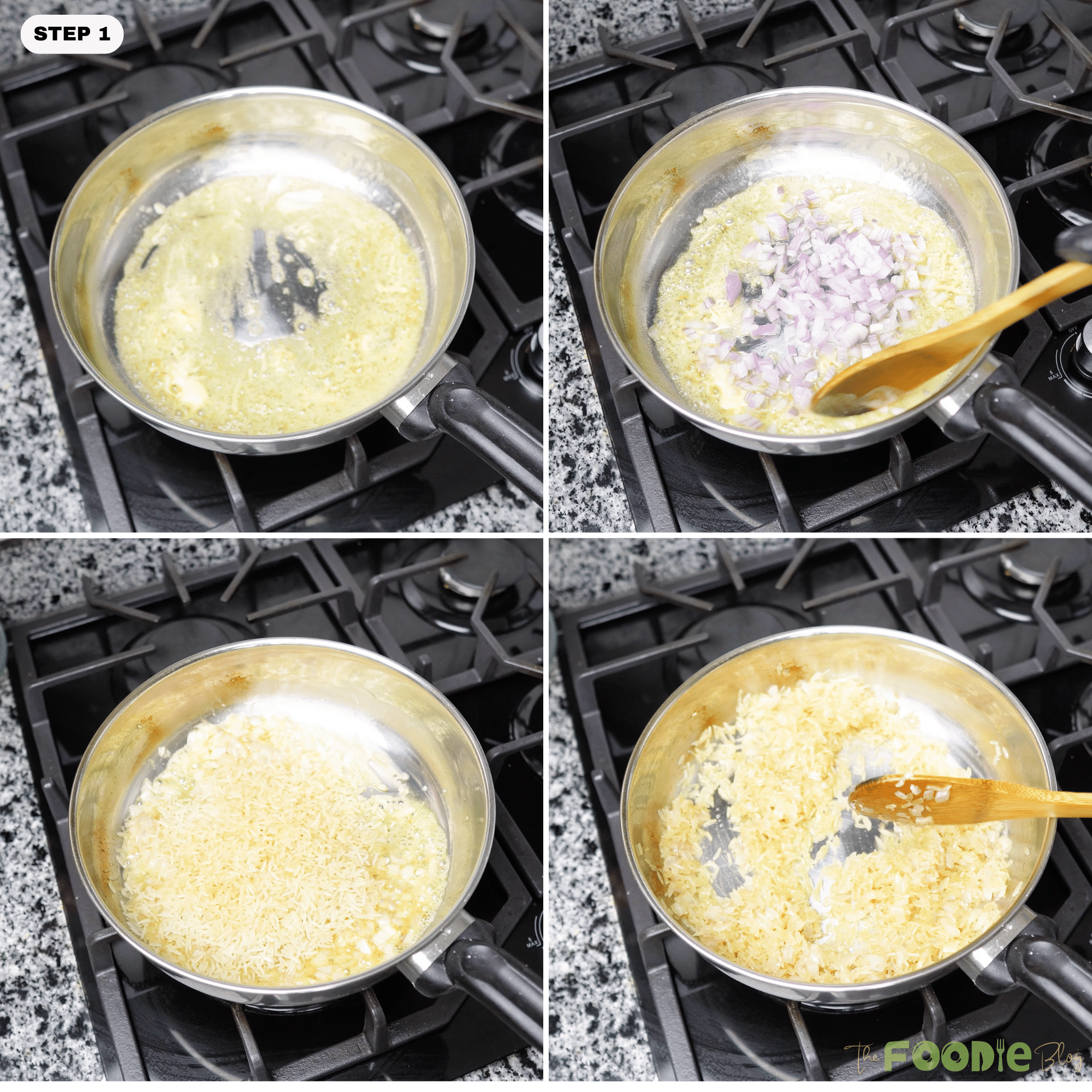 Butter melting in a saucepan, then onion and rice being stirred to toast on the stovetop
