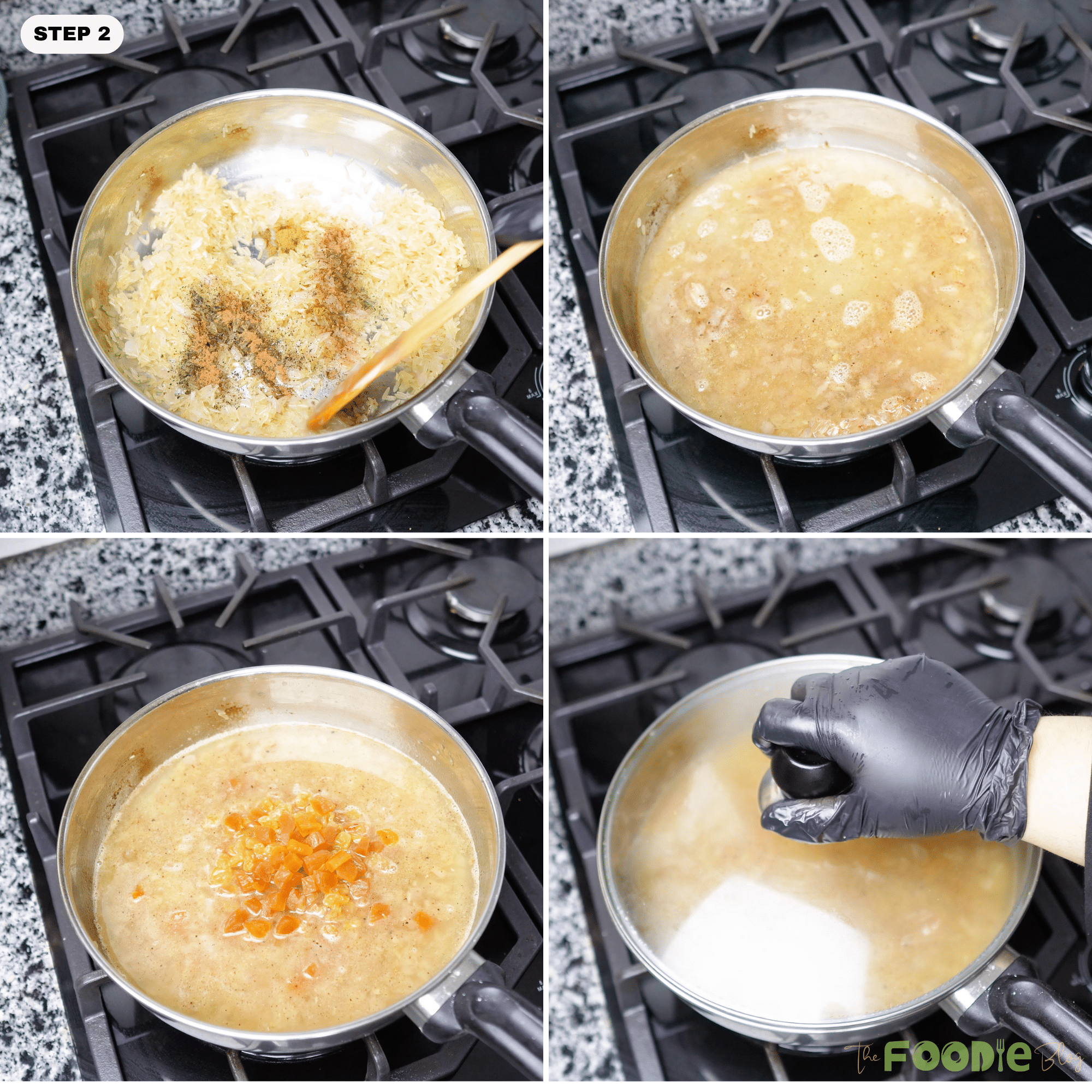 Broth poured into seasoned rice, raisins and chopped apricots added, then the pot covered to simmer