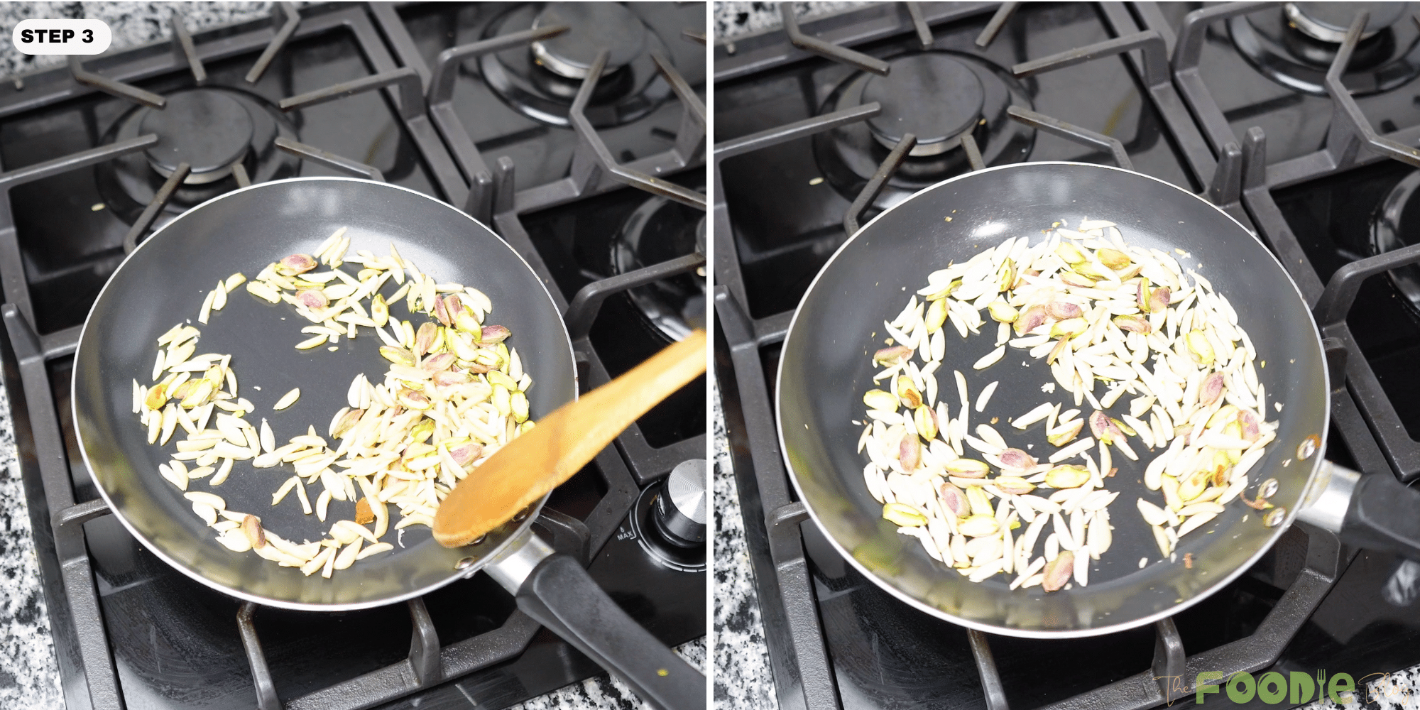 Slivered almonds and pistachios toasting in a skillet on the stovetop