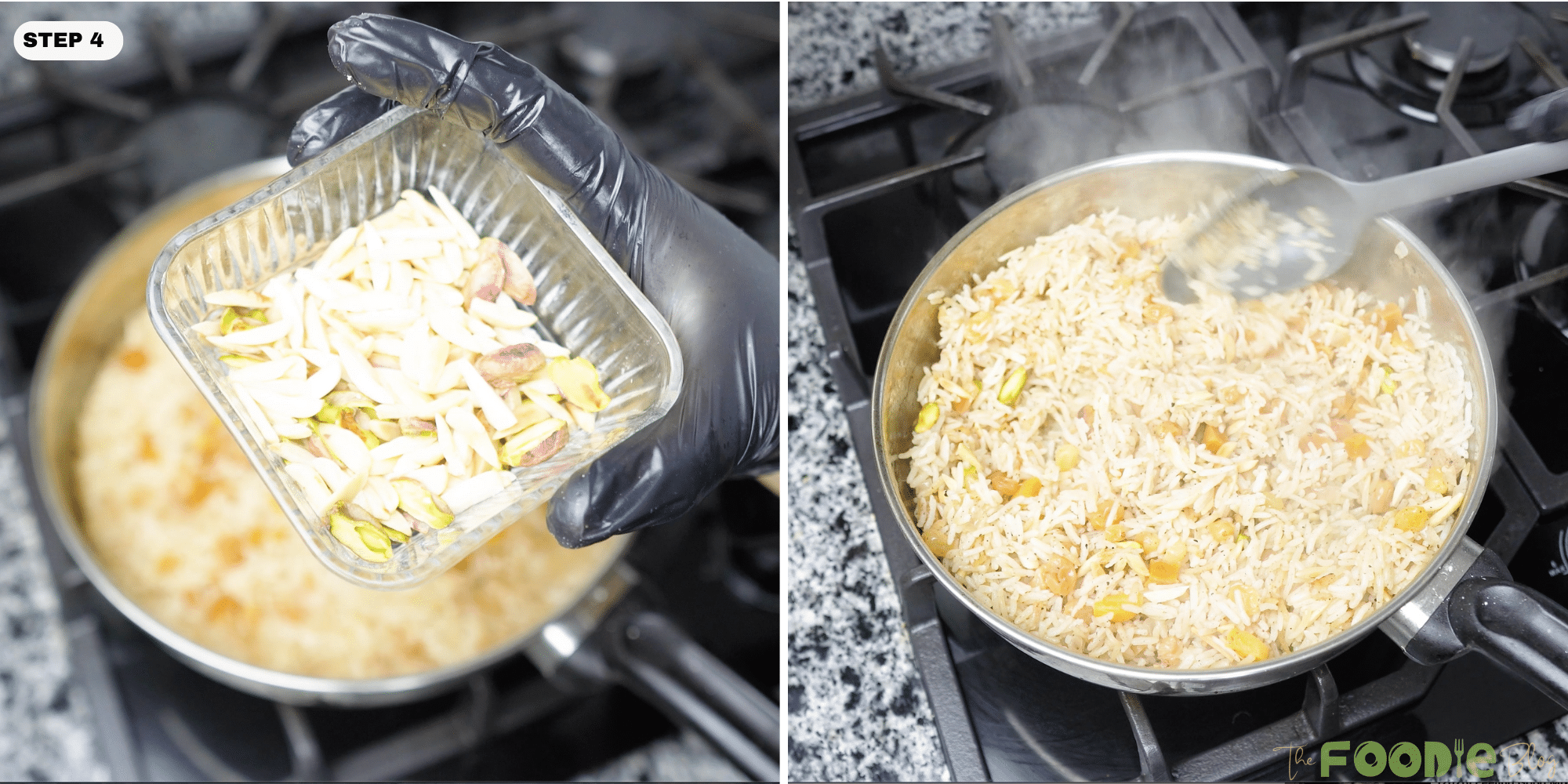 Toasted nuts in a dish and cooked rice pilaf being fluffed in a pot with steam rising