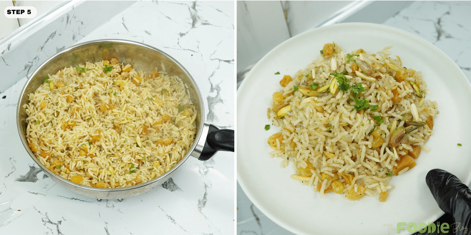 Finished rice pilaf in the pot and a plated serving garnished with parsley and pistachios