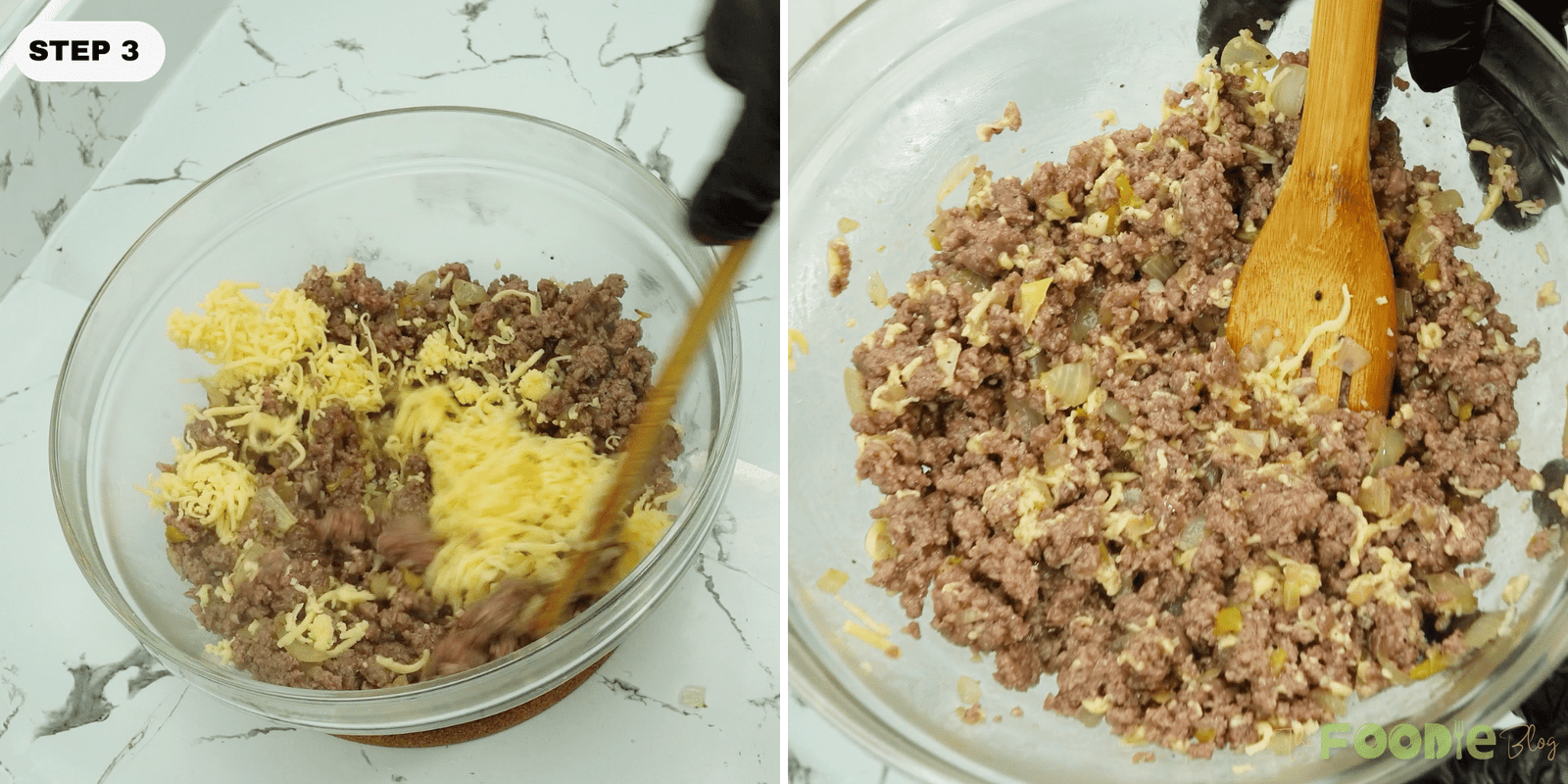 Mixing grated cheddar cheese into cooked minced meat in a bowl