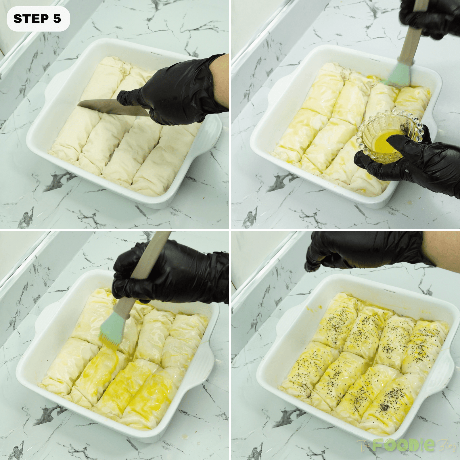 Brushing phyllo cigars with egg and butter and sprinkling poppy seeds