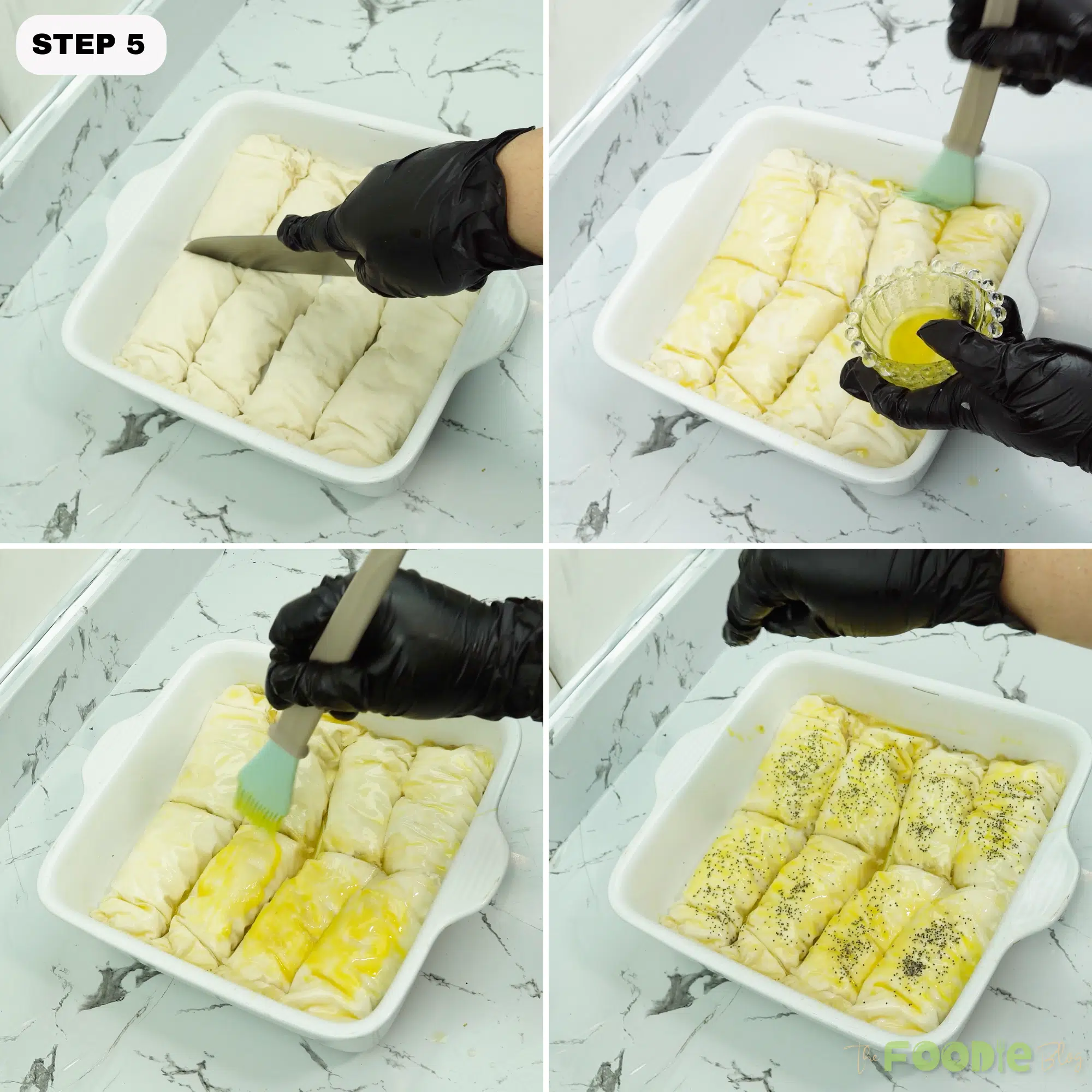 Brushing phyllo cigars with egg and butter and sprinkling poppy seeds