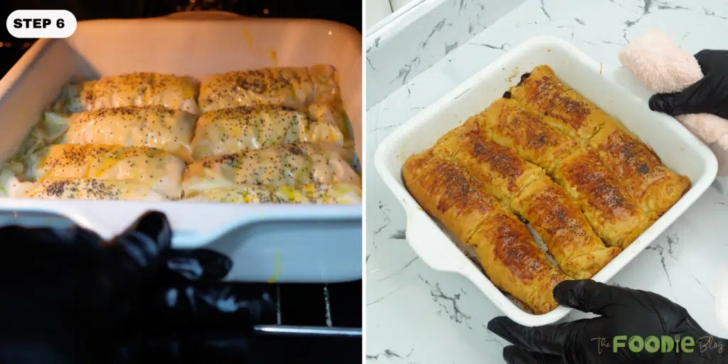 Phyllo cigars baking and turning golden brown in a baking dish