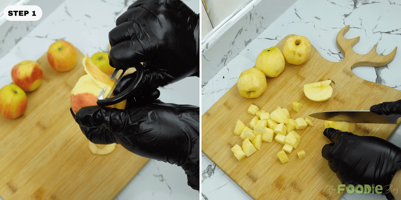 Hands peeling an apple and cutting peeled apples into small cubes on a cutting board