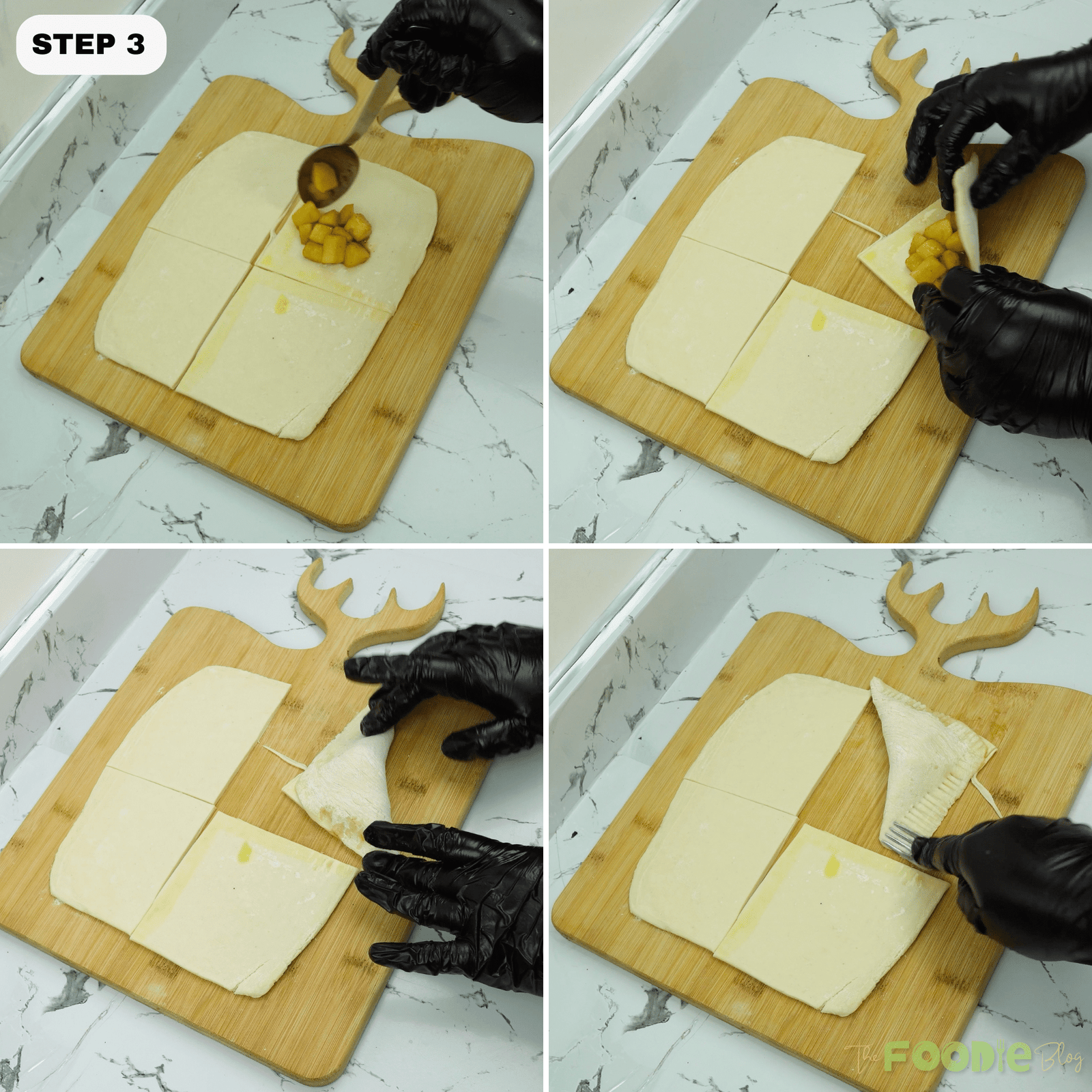 Apple filling being added to puff pastry squares before folding into triangles Caption: Fill, fold, and seal.