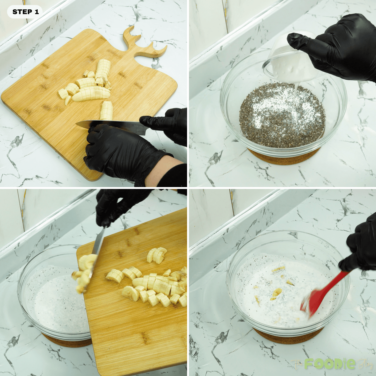 Preparing banana and mixing chia seeds with milk and cream in a bowl