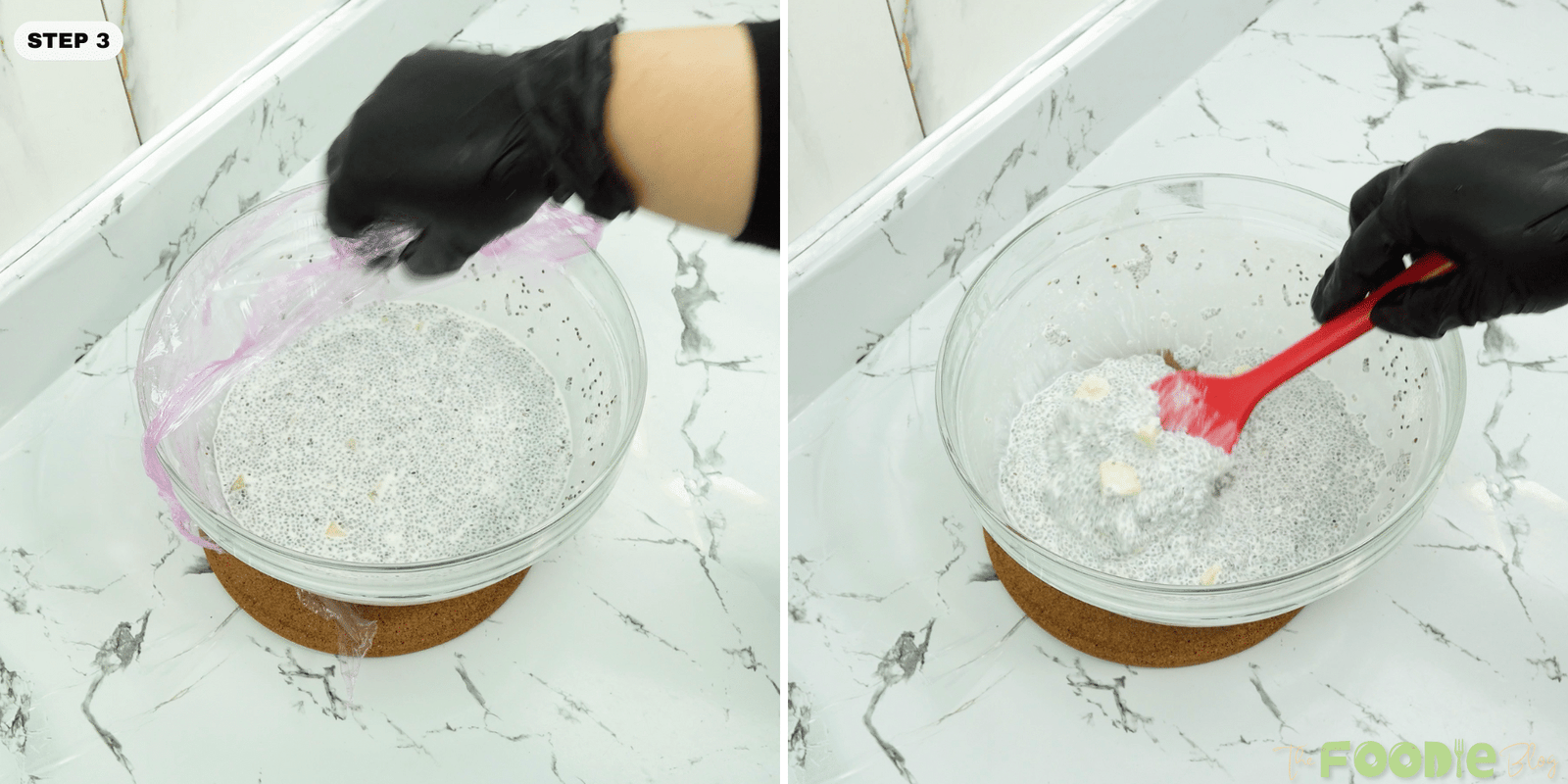 Stirring thickened chia pudding in a bowl