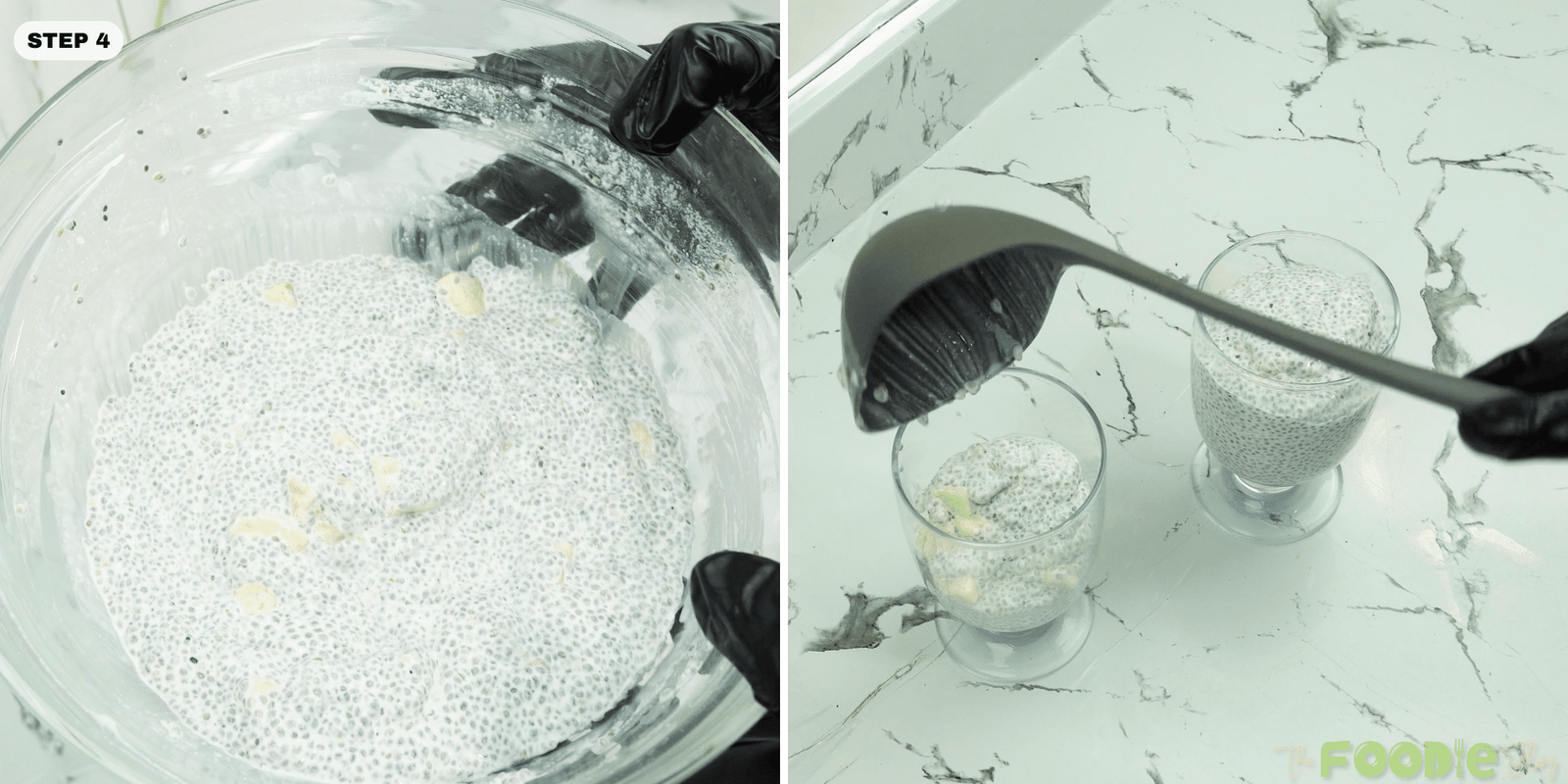 Spoon or ladle portioning chia pudding into serving glasses