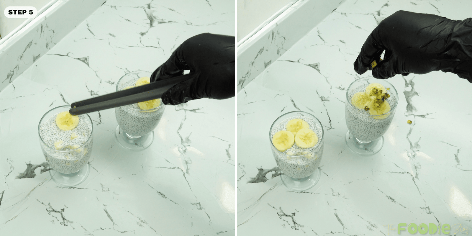 Topping chia pudding with banana slices and pistachios