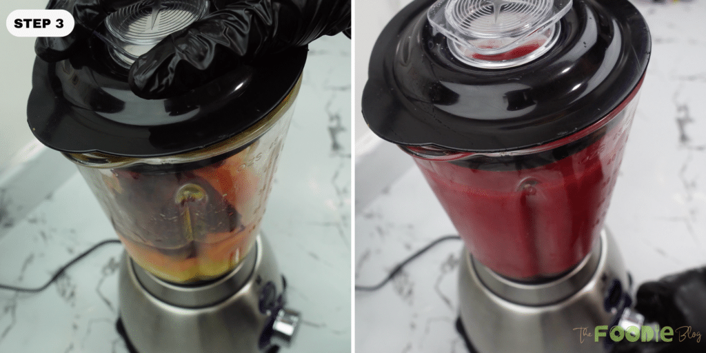 Blender with ingredients before blending and a smooth red juice mixture after blending