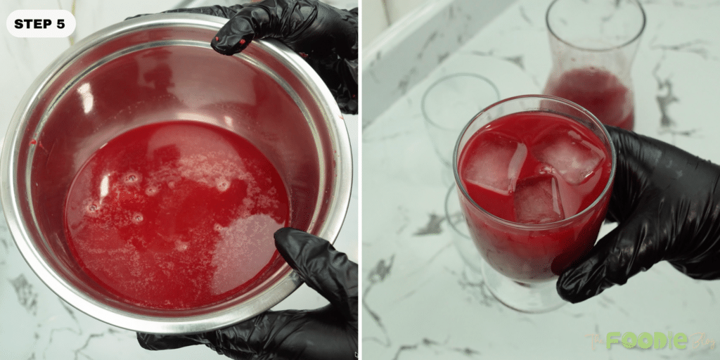 Glass of beetroot juice with ice cubes next to a bowl of strained red juice