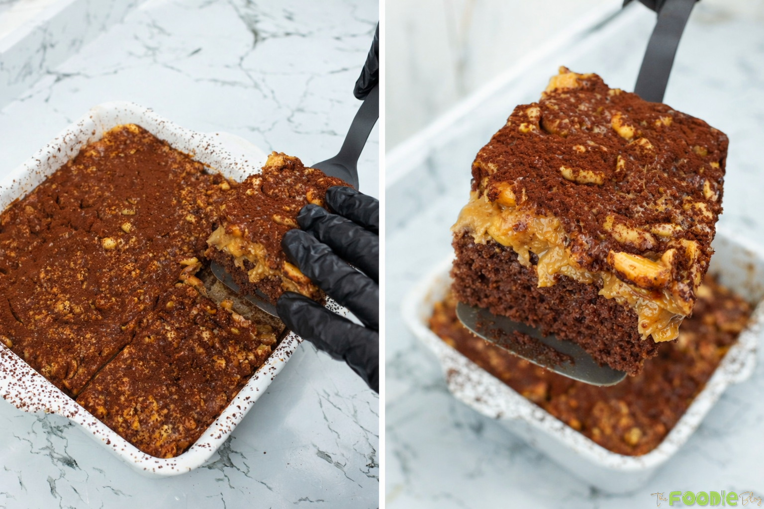 Caramel Peanut Delight Cake in a baking dish with one slice lifted on a spatula, showing the moist chocolate cake and gooey caramel peanut topping dusted with cocoa.