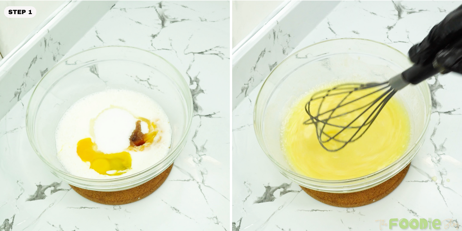 Eggs, milk, sugar, vanilla, and oil whisked together in a glass bowl