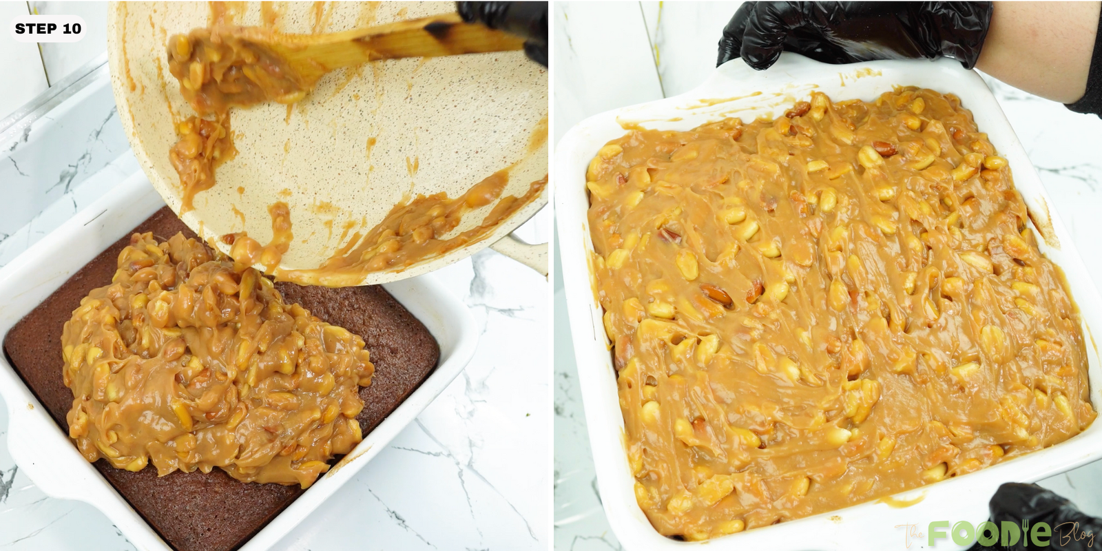 Thick caramel peanut sauce spread across the baked chocolate cake