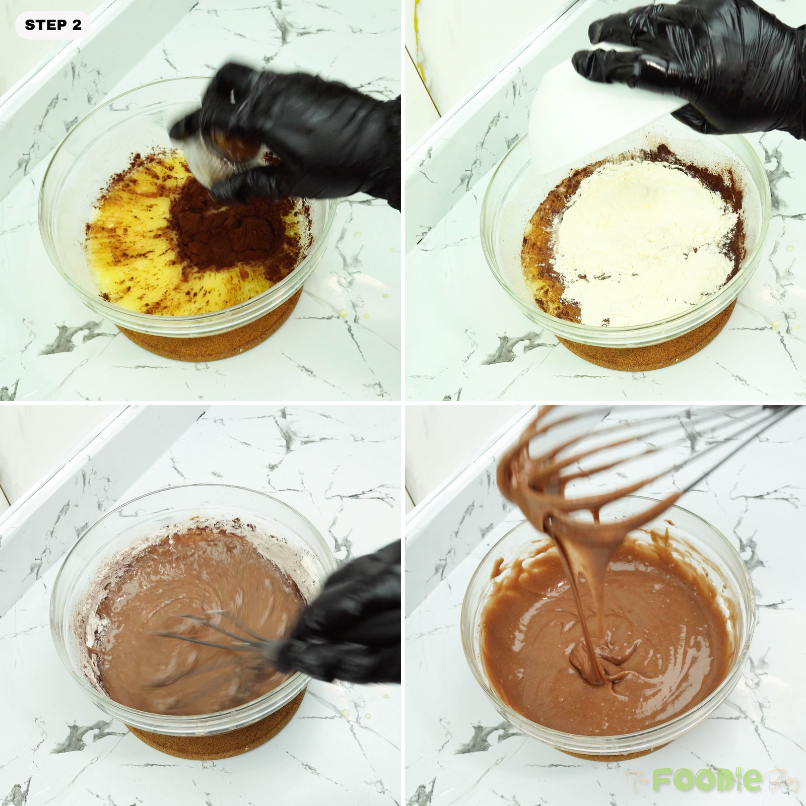 Cocoa powder and flour being added and whisked into the cake mixture