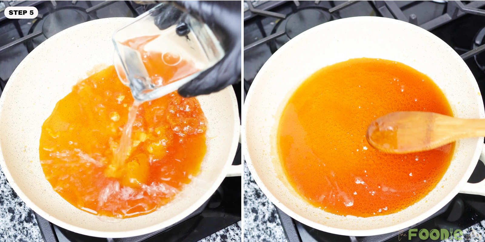 Water poured into hot caramel as it bubbles in a saucepan