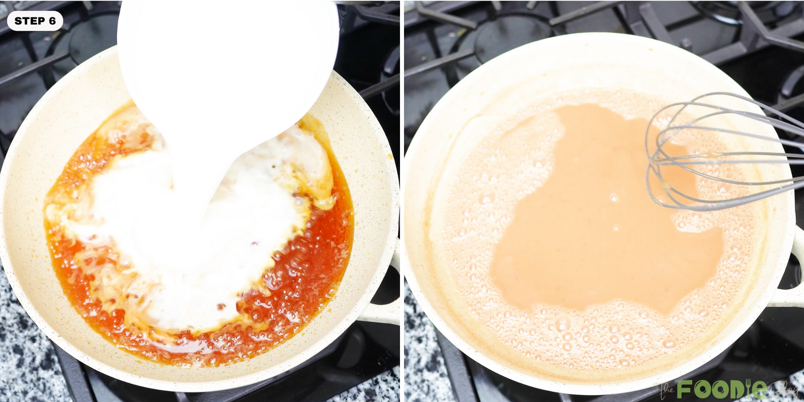 Milk mixture added to caramel in a pan with a whisk ready to stir