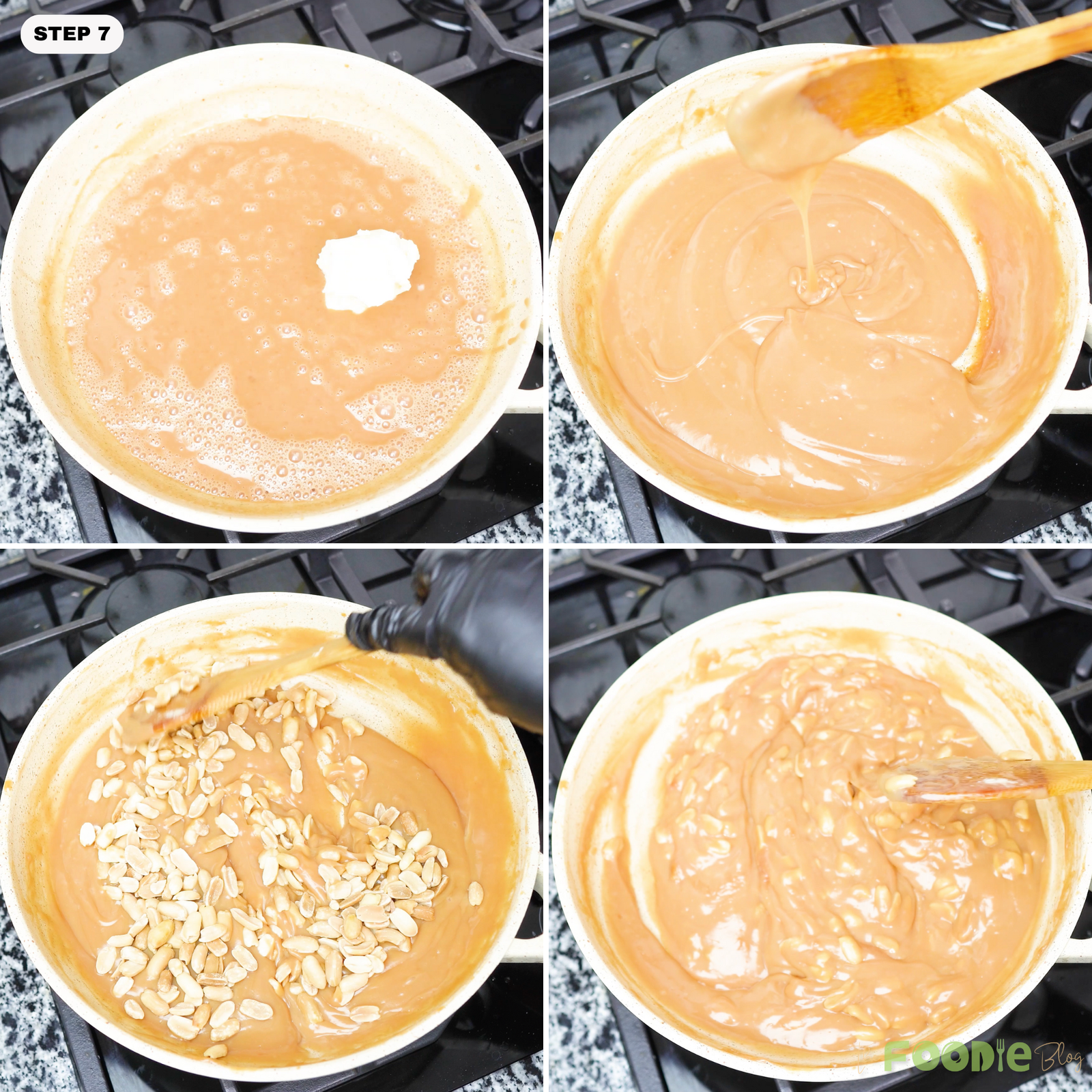 Roasted peanuts being mixed into thick caramel sauce in a saucepan