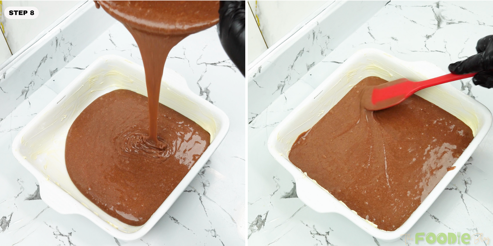 Chocolate cake batter poured into a greased square baking dish and smoothed