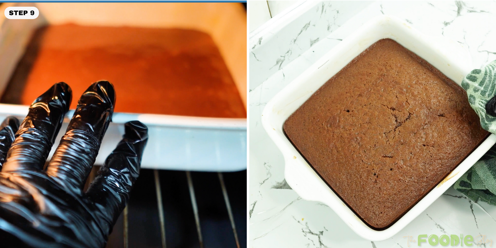 Baked chocolate cake in a square dish just out of the oven