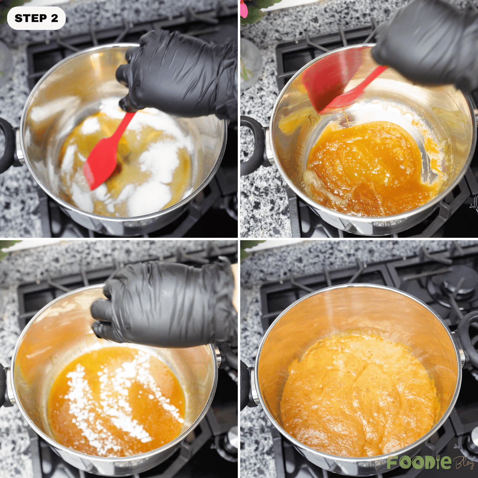 Sugar and butter melting into amber caramel in a saucepan on the stove