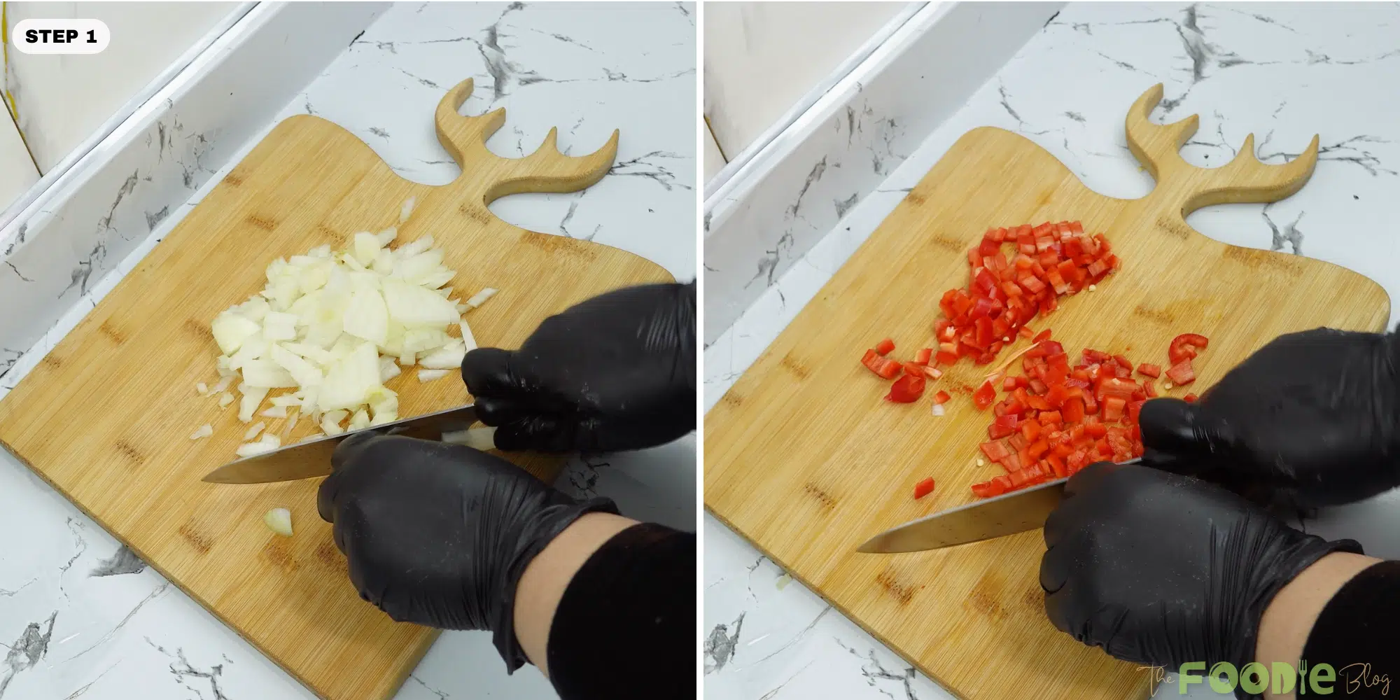 Chopped onion and chopped red bell pepper on a cutting board with a knife Caption: Chop the veggies