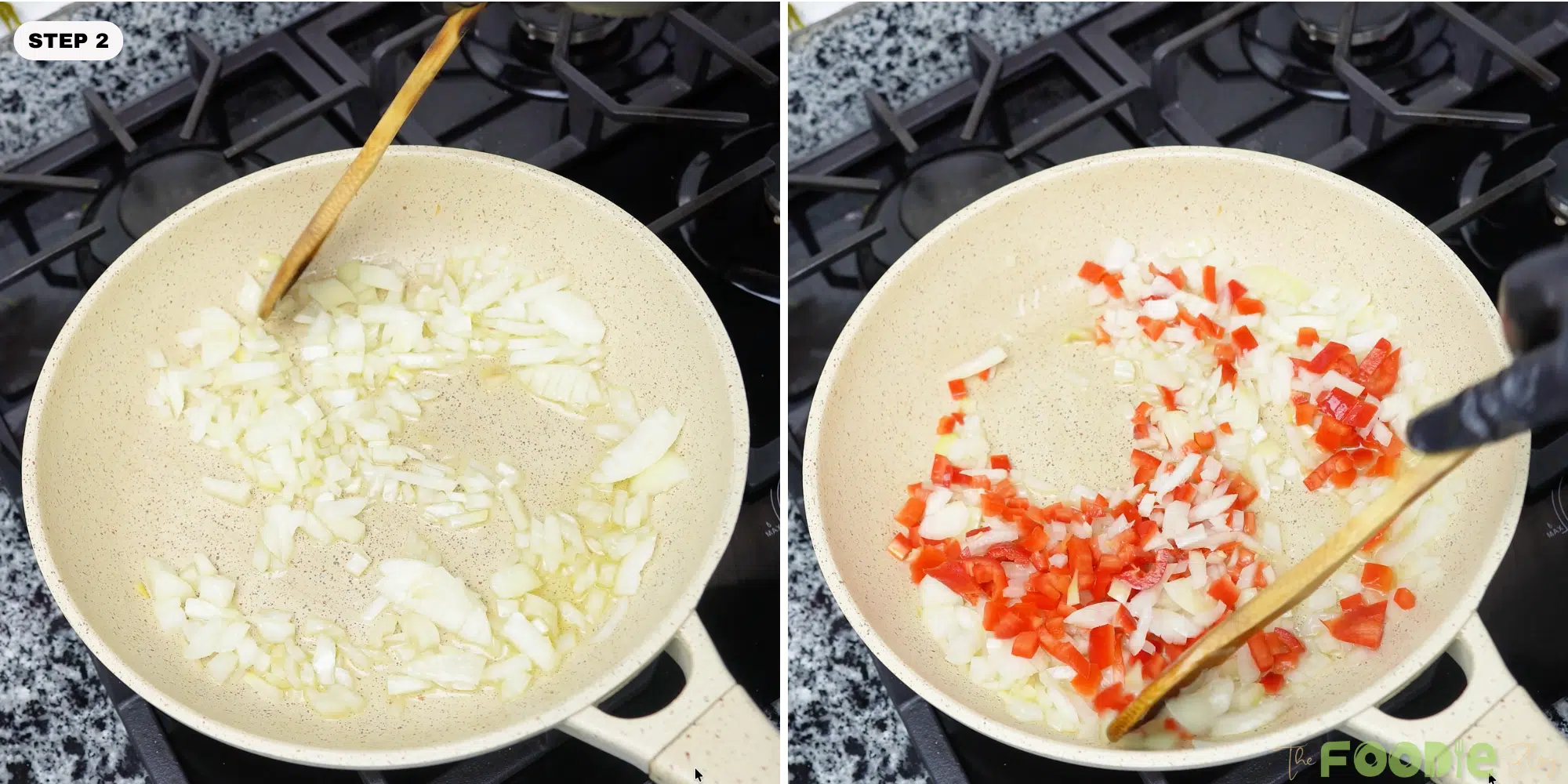 Onion cooking in a skillet, then bell pepper added and stirred with a wooden spoon