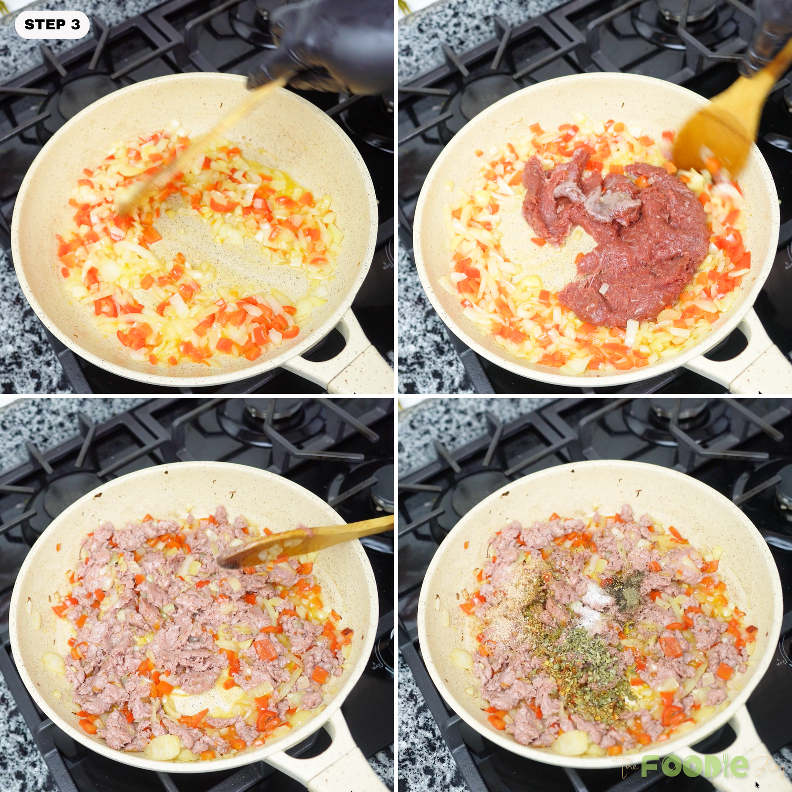 Ground beef added to sautéed onion and bell pepper, then mixed and seasoned in the skillet