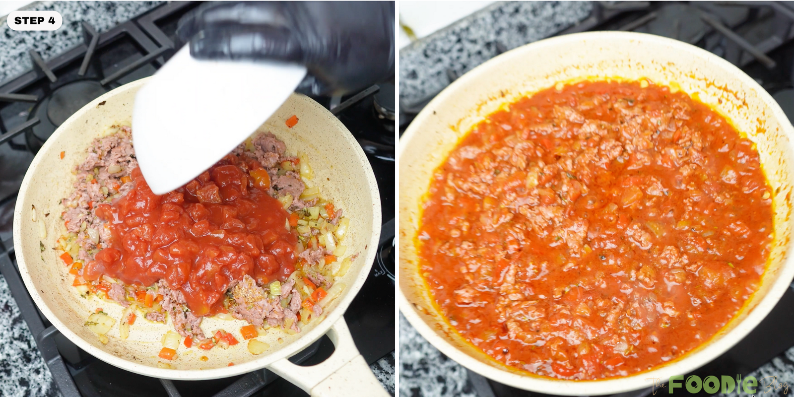Tomato sauce poured into the cooked beef mixture, then simmered into a thick red meat sauce