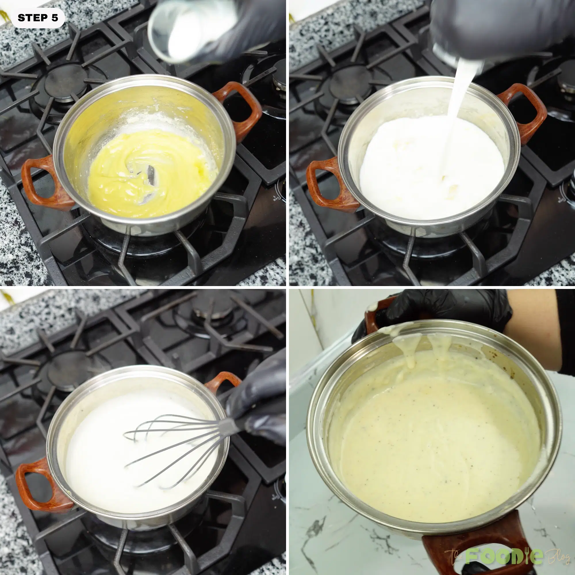 Butter and flour cooked in a saucepan, milk whisked in, and a creamy sauce thickened
