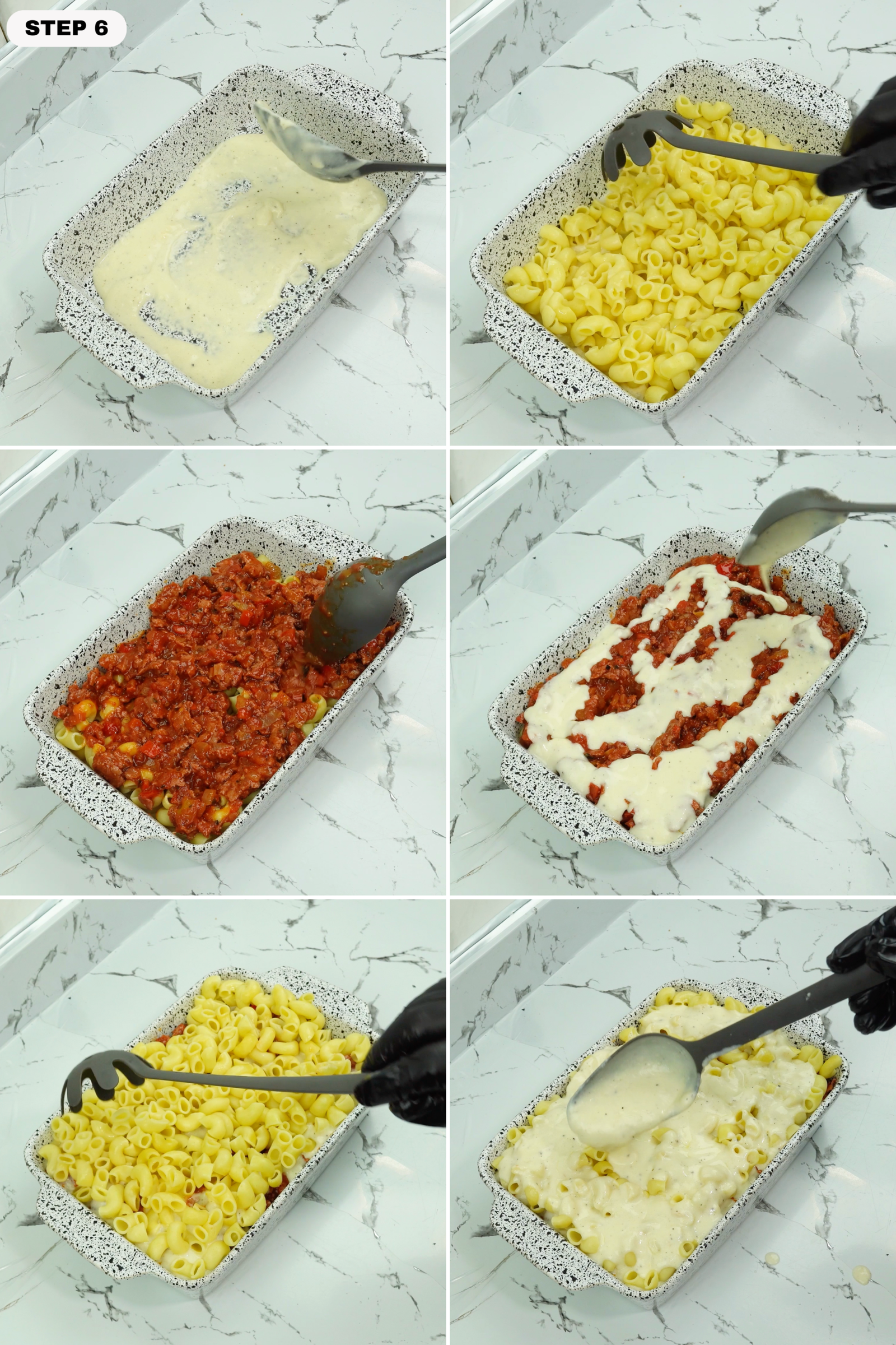 Baking dish layered with white sauce, pasta, meat sauce, and more sauce before baking