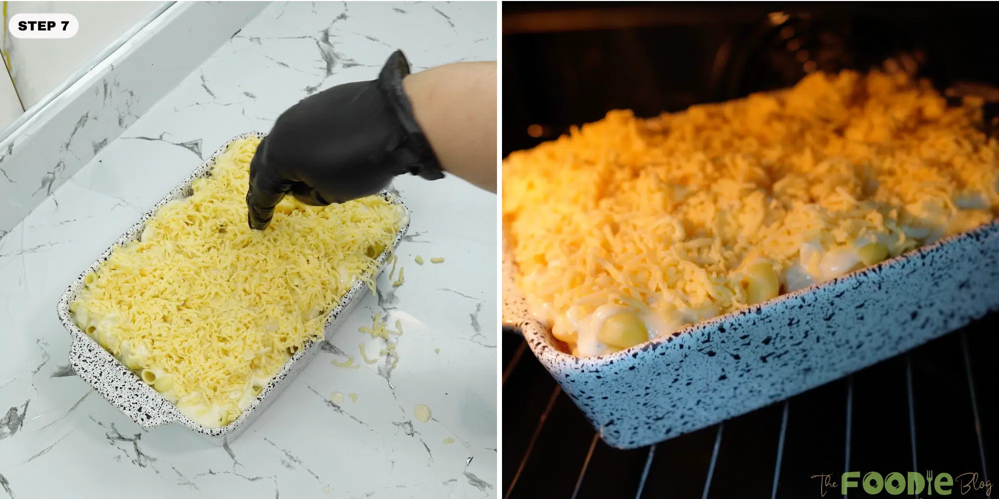 Shredded mozzarella sprinkled over the casserole, then shown baking in the oven