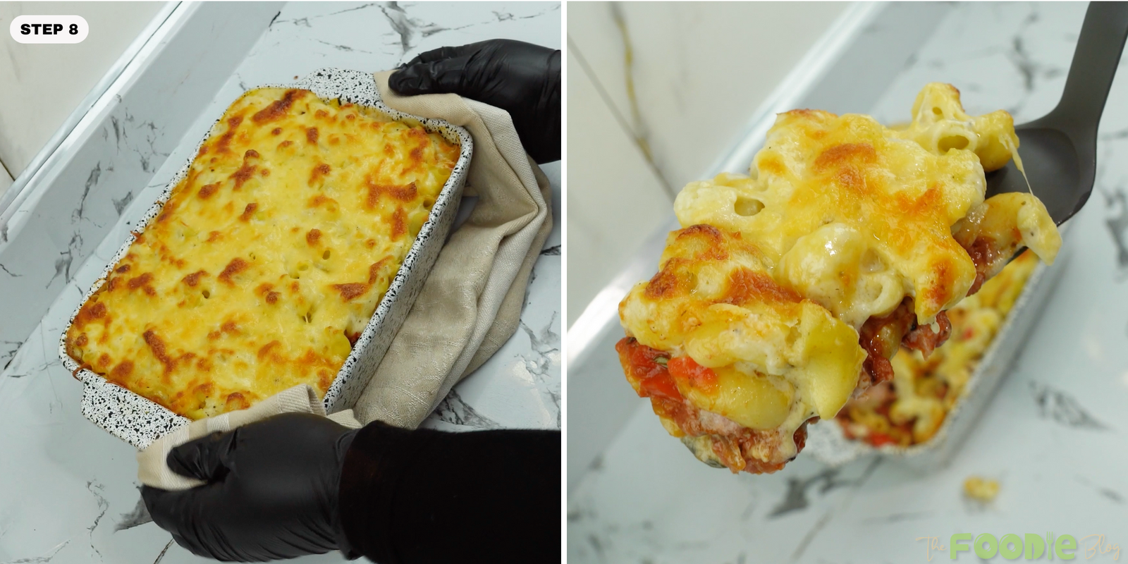 Golden baked pasta in the dish and a scoop lifted showing cheesy pasta and meat sauce
