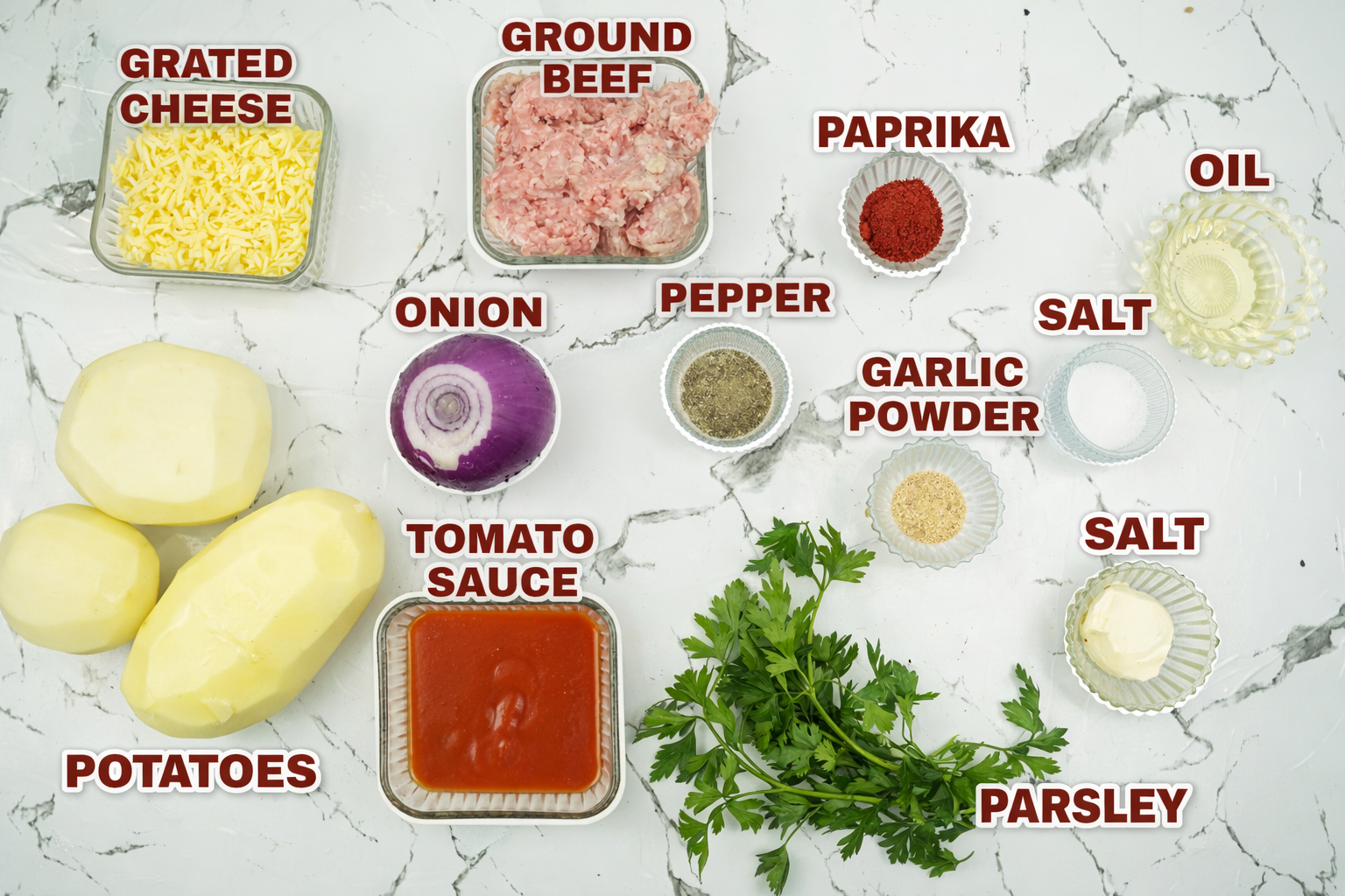 Ingredients for cheesy beef potato balls including potatoes, ground beef, grated cheese, onion, tomato sauce, parsley, oil, and spices.