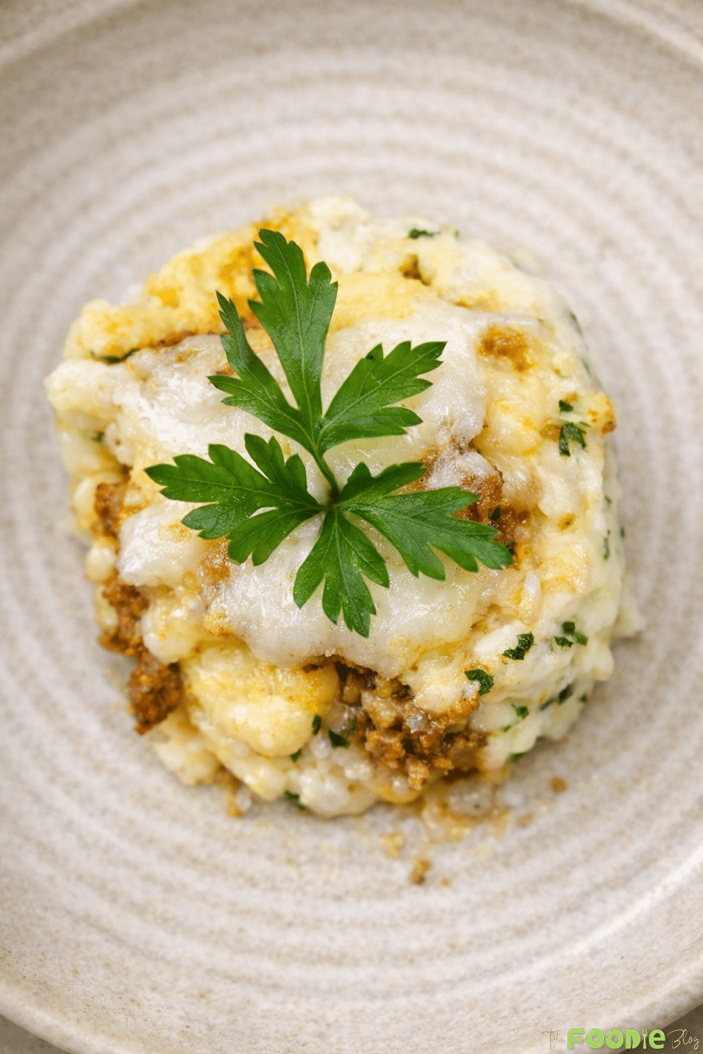Plated cheesy beef potato balls topped with melted cheese and parsley garnish.
