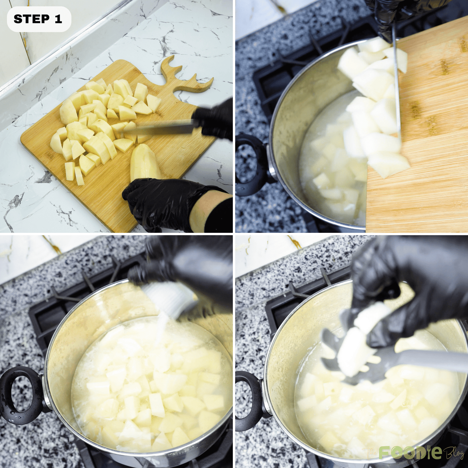 Chopped potatoes being added to a pot to boil