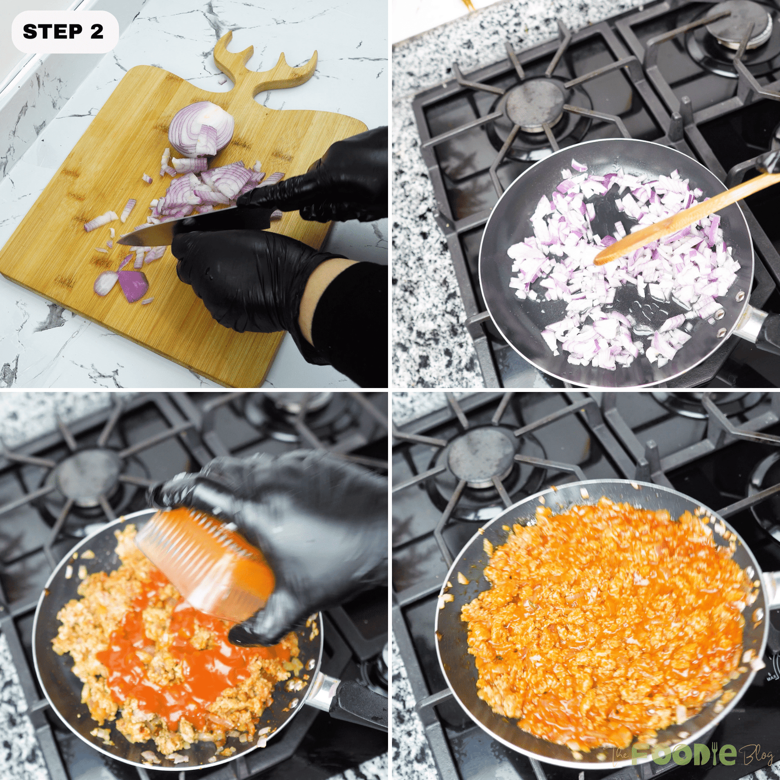 Onion sautéing and ground beef simmering with tomato sauce in a skillet