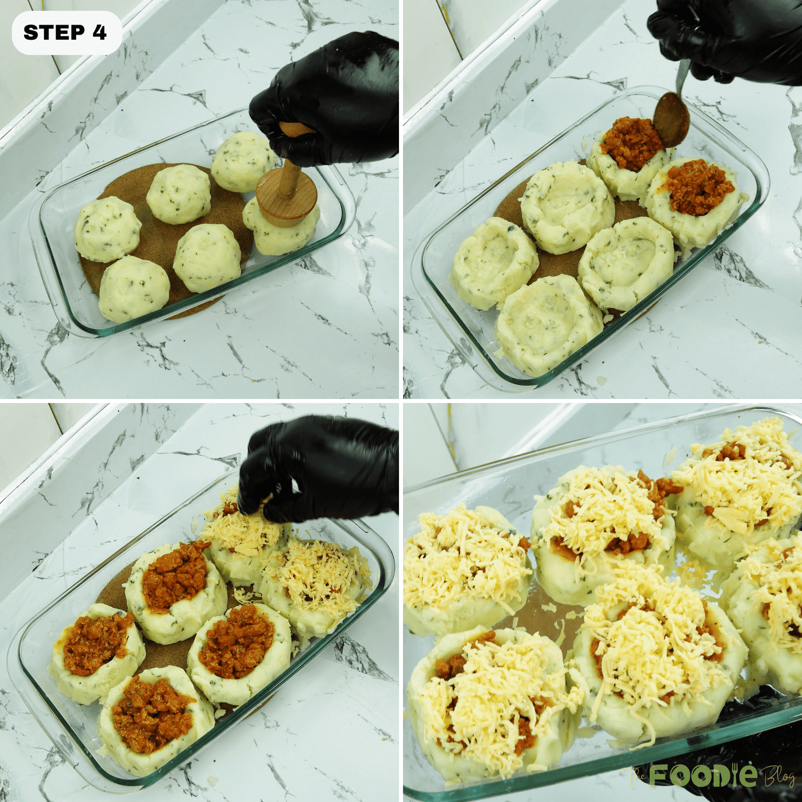 Potato balls pressed into wells, filled with beef, and topped with shredded cheese