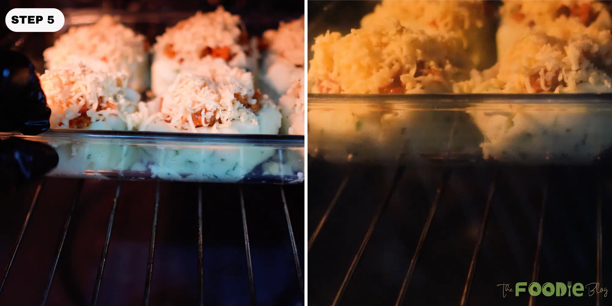 Baking dish of stuffed potato balls cooking in the oven with cheese melting