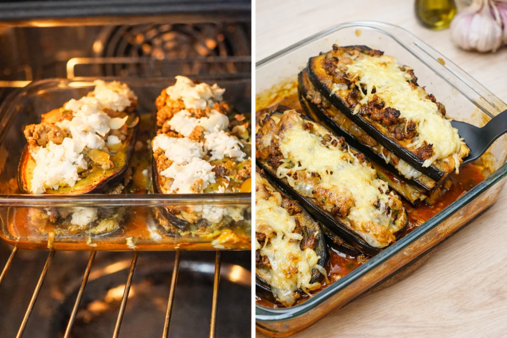 Cheesy beef-stuffed eggplant boats baking in the oven and finished in a glass dish with melted mozzarella.