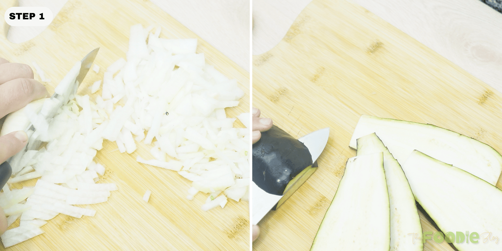 Step 1: chopping onion and slicing eggplant for Cheesy Beef-Stuffed Eggplant Boats
