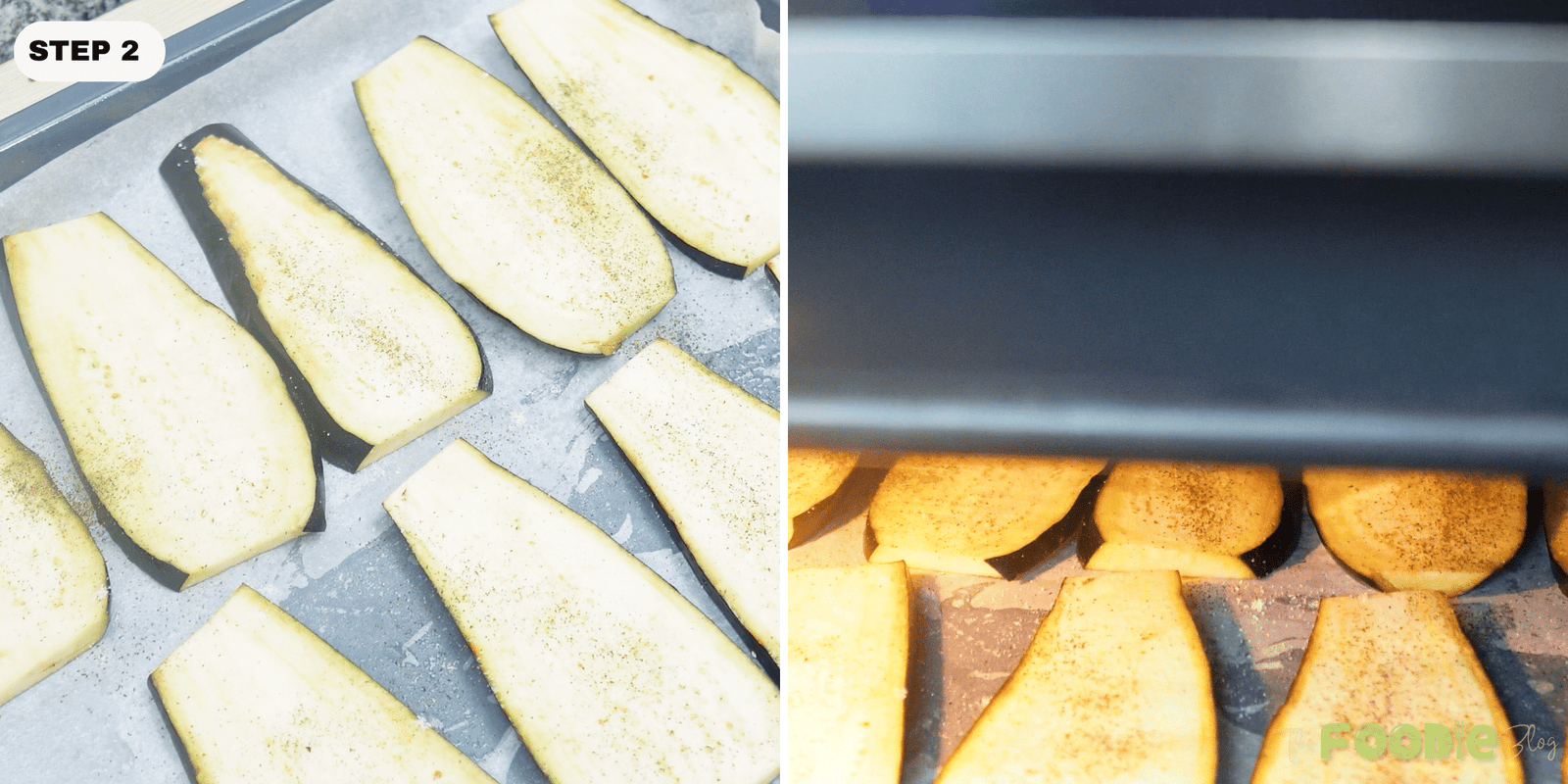 Step 2: eggplant slices seasoned on a baking tray before roasting