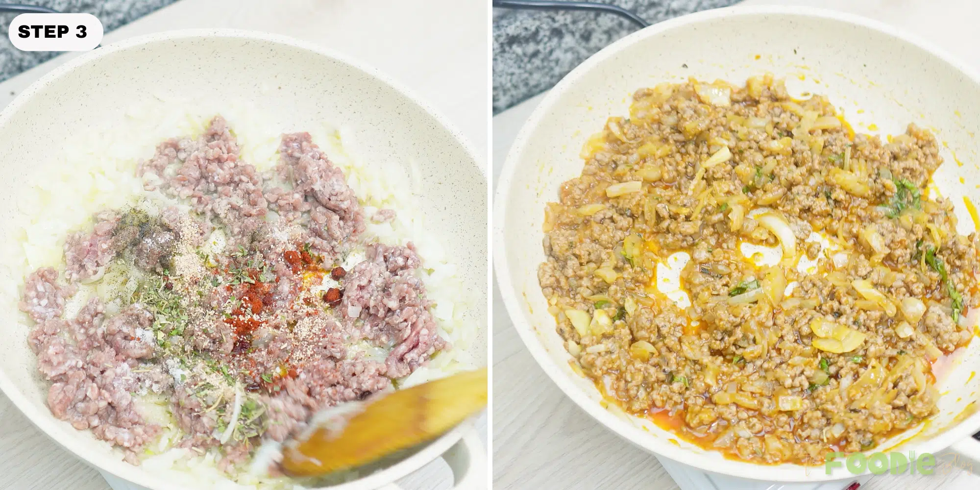 ground meat cooking with onion and spices in a skillet