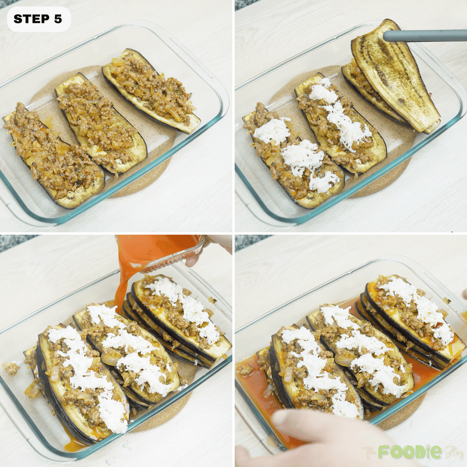 layering roasted eggplant with beef, mozzarella, and tomato sauce in a baking dish