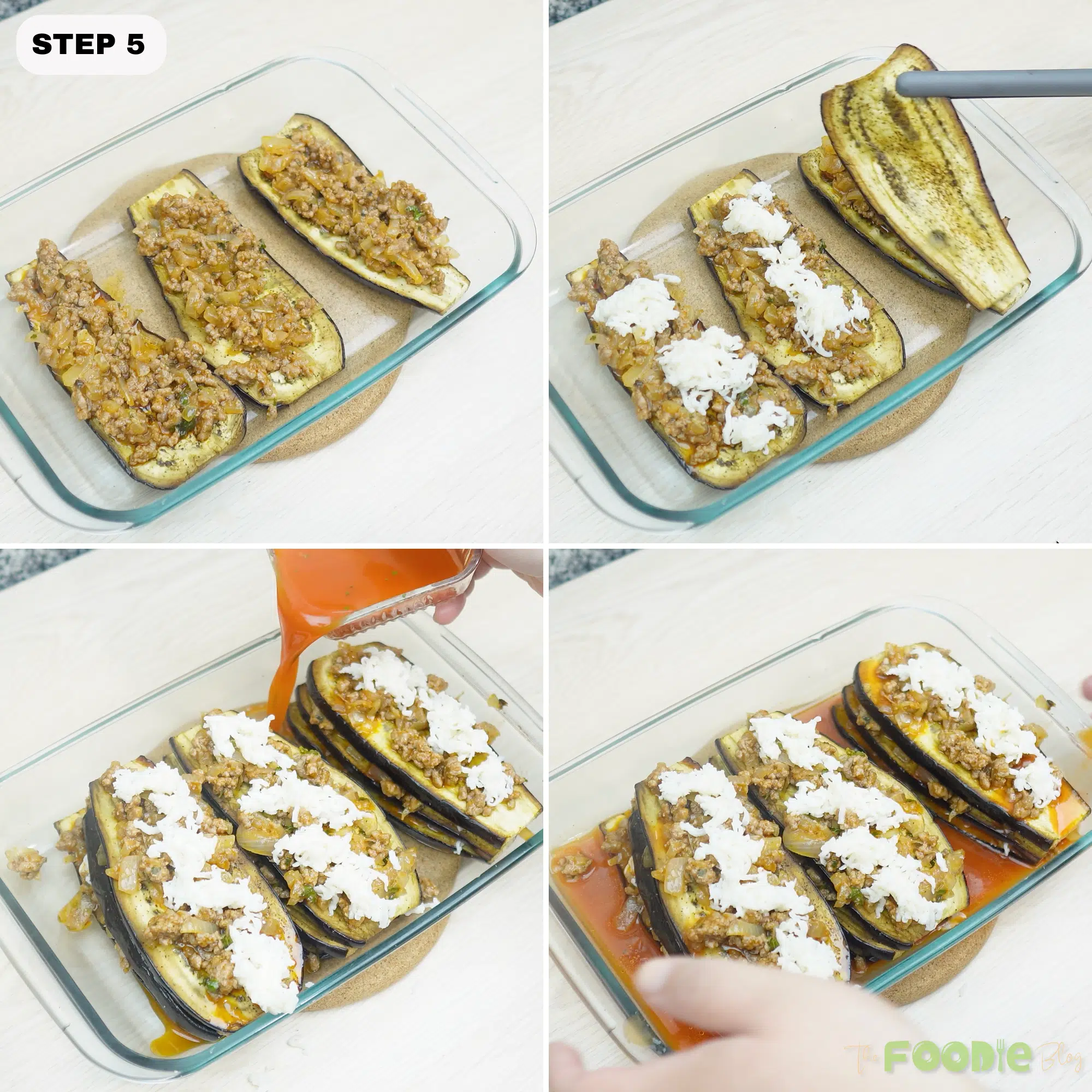 layering roasted eggplant with beef, mozzarella, and tomato sauce in a baking dish